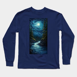 Abstract painting of full moon shining on the lake on a calm winter night Long Sleeve T-Shirt